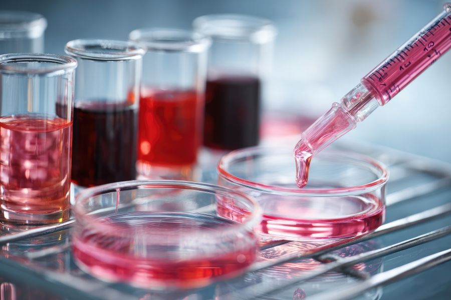 A pipet going into a pink liquid.